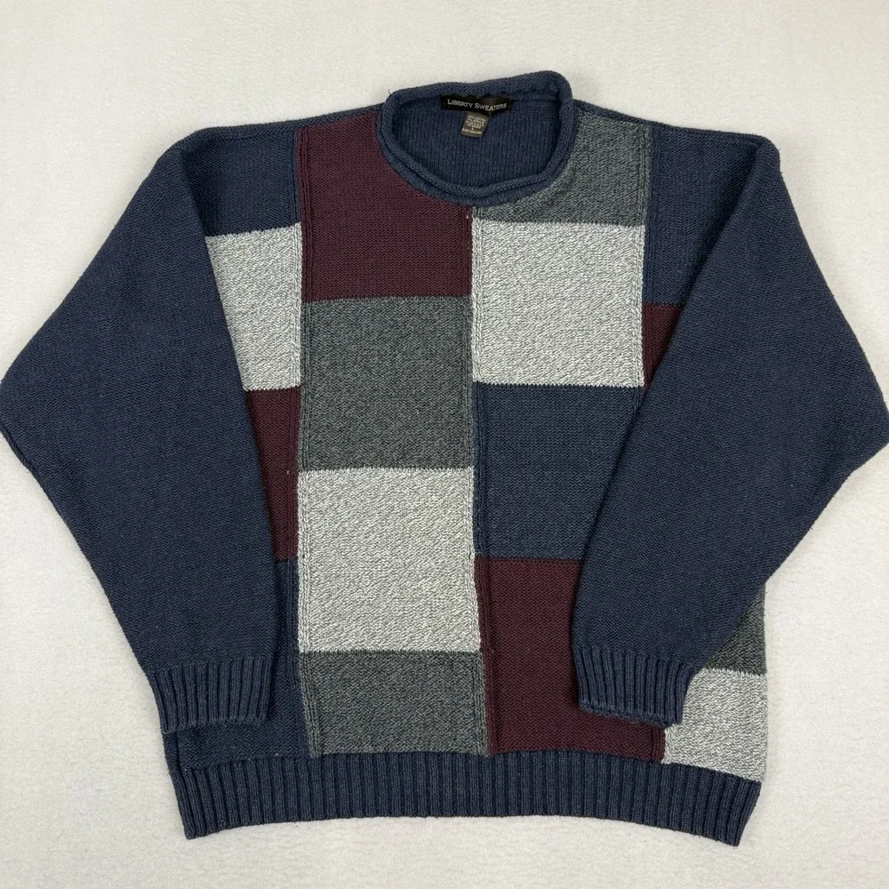Vintage 90s Liberty Sweaters Colorblock Patchwork Grandpa Knit Sweater Large USA